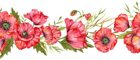Seamless Poppy Garland with Flowers and Leaves. Botanical Seamless Horizontal  Background. Poppy Watercolor Illustration. Red Poppy Flower Design. Poppies garland seamless. Poppy Border Frame