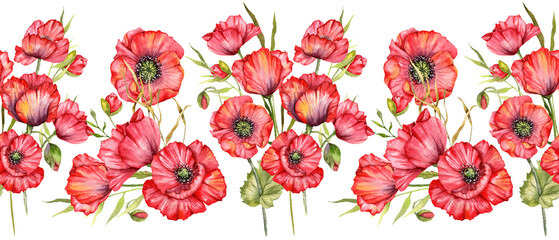 Seamless Poppy Garland with Flowers and Leaves. Botanical Seamless Horizontal  Background. Poppy Watercolor Illustration. Red Poppy Flower Design. Poppies garland seamless. Poppy Border Frame