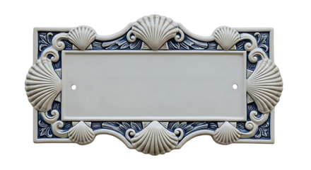 Seashell inspired nautical sign in blue and white featuring intricate details and a blank center area for personalization or display.