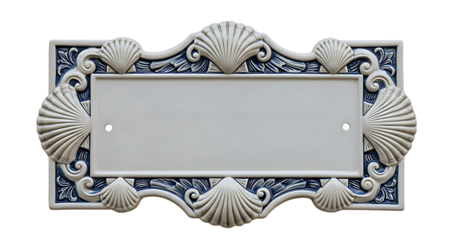 Seashell inspired nautical sign in blue and white featuring intricate details and a blank center area for personalization or display.