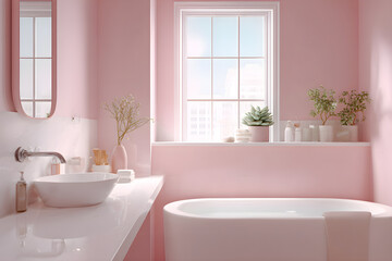 Tranquil Pastel Pink and White Bathroom with Succulents and Soft Natural Light
