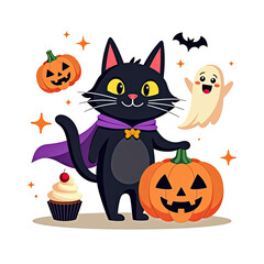 playful black cat in a purple cape with pumpkins and ghosts, celebrating halloween with treats and a festive atmosphere