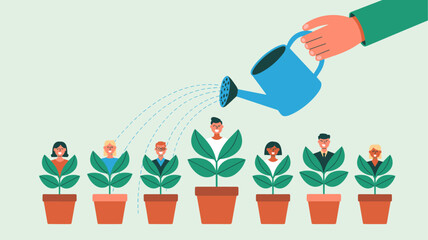 manager's hand watering diverse employees as growing plants in pots, vector illustration for investing in people, team growth and human resource development