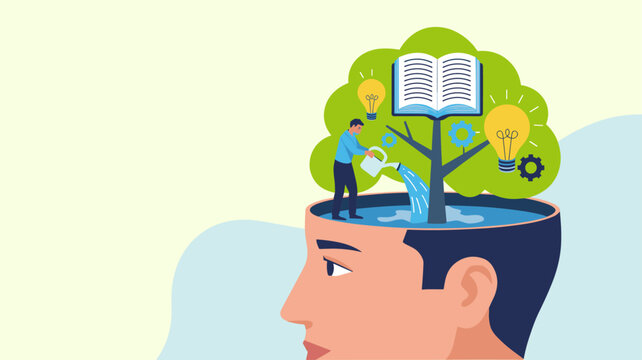 person watering knowledge tree with book and ideas inside a human head, vector illustration for human capital, skill investment and personal development