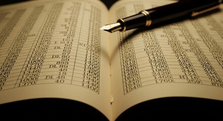 Elegant Fountain Pen Resting on Open Financial Ledger Page