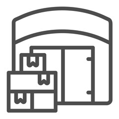 Cardboard boxes of goods at garage line icon, hoarding concept. Vector graphics. Product packages and warehouse sign on white background, outline style icon for mobile or web design.