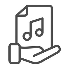 File of music song in hand line icon, data hoarding concept. Vector graphics. Music library audio file sharing sign on white background, outline style icon for mobile or web design.