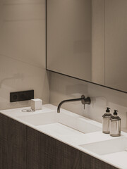 Modern bathroom interior, modern bathroom cabinet, white double sink and bathtub, wooden floor, bathroom accessories and shower, 3D render