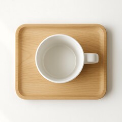 A white ceramic mug sits on a wooden serving tray against a white background.