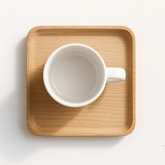 Empty white ceramic mug on a light brown wooden square coaster, top-down view.