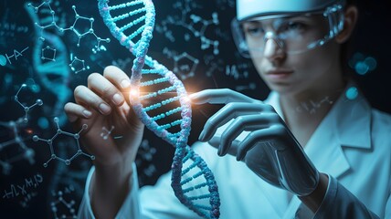 Scientist holding glowing DNA double helix model with molecular background, symbolizing genetic research, biotechnology, and medical innovation