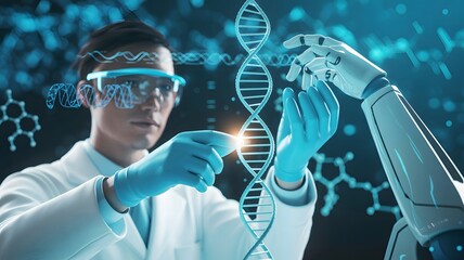 Scientist and robotic arm interacting with DNA model in futuristic lab, symbolizing biotechnology, human-machine collaboration, and genetic innovation