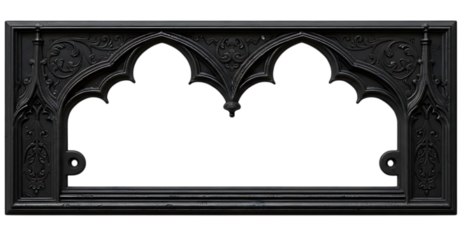 A dark gothic architectural frame, intricately carved and featuring a transparent background, suitable for dramatic design elements or overlays. - Powered by Adobe