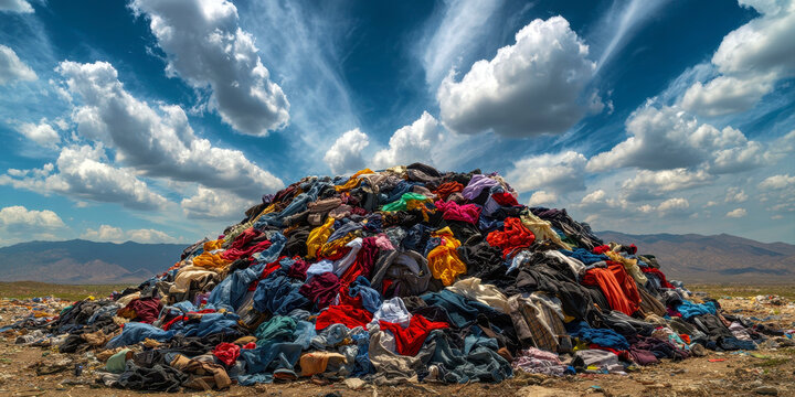 A striking visual of discarded clothing piled high against a vibrant sky, highlighting the urgent need for sustainable fashion practices and waste management solutions in today consumer-driven world.