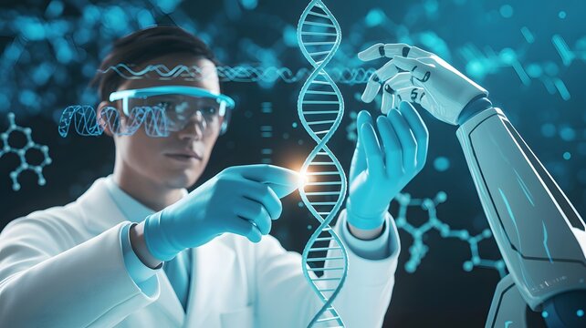 Scientist and robotic arm interacting with DNA model in futuristic lab, symbolizing biotechnology, human-machine collaboration, and genetic innovation