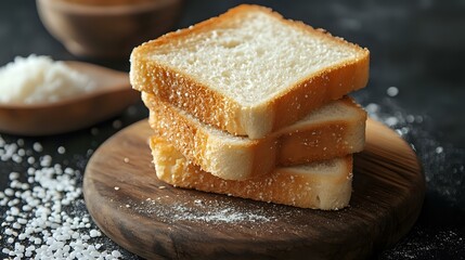 Fresh white bread slices stacked on rustic wooden cutting board against dark background, with scattered flour and soft natural lighting for food photography.