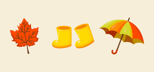 Colorful autumn clipart set with a red maple leaf, yellow rain boots, and umbrella. Hand-drawn cartoon style illustration perfect for seasonal designs, children’s products, greeting cards, posters.