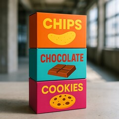 Stacked boxes displaying "Chips," "Chocolate," and "Cookies" with corresponding illustrations.