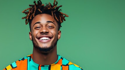 Young African American man with dreadlocks and bright smile wearing colorful geometric pattern shirt against green studio background, expressing joy and confidence.