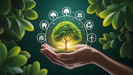 Hands holding soil with seedling and sustainability icons, symbolizing environmental protection, green technology, and eco-conscious growth