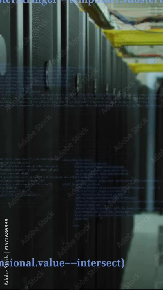 Poster animation of digital data processing and circuit board over computer servers