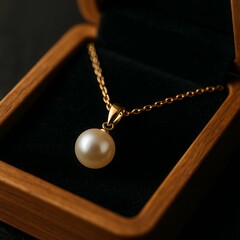 A pearl pendant necklace with a gold chain rests inside a wooden jewelry box with a black velvet interior.