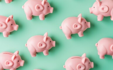 Pattern of pink piggy banks symbolizing savings and financial goals in light teal