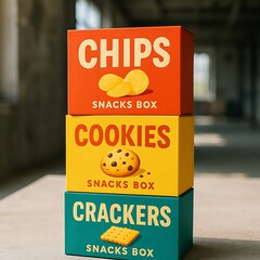 Stacked snack boxes featuring chips, cookies, and crackers, displayed against a muted industrial backdrop.