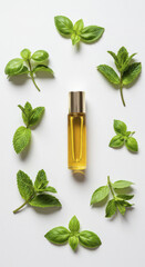 Aromatherapy Roller Bottle Surrounded by Basil and Mint Leaves on White
