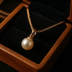 A delicate gold chain necklace with a single white pearl pendant displayed in a wooden box with a dark lining.