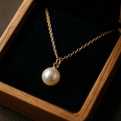 A delicate pearl pendant necklace nestled in a wooden jewelry box.