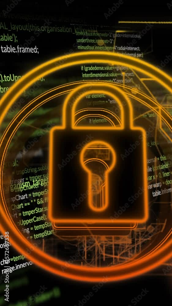 Poster animation of data processing and padlock icon over dark background