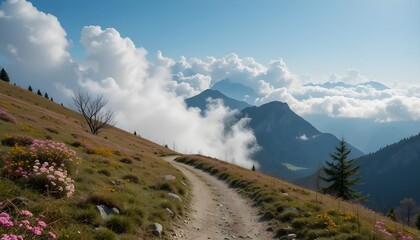 Scenic Hiking Path in Swabian Alps with Allgäu Mountain View and Springtime Clouds