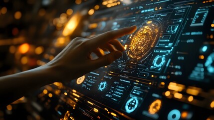 Futuristic holographic interface with hand touching digital screen displaying biometric data and security elements in dark blue and orange glow.