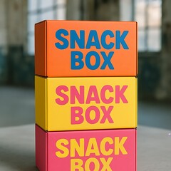 Stacked colorful boxes with "SNACK BOX" text, showcasing packaging and food.