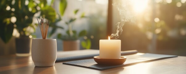 Calm interior scene with candle and incense sticks