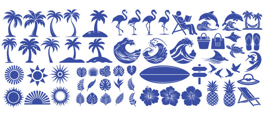 Summer Bank Holiday Beach Vacation beautiful Silhouette Icons – Tropical Elements, Palm Trees, Waves, Suns, Flamingos, Surfboards, and Holiday Symbols for Design Projects, full bundle set, blue theme 