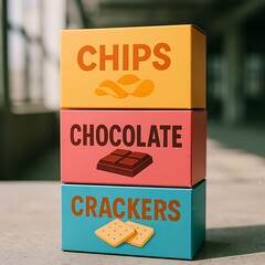 Colorful snack boxes stacked, featuring chips, chocolate, and crackers.