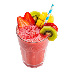 Refreshing fruit smoothie topped with strawberries, kiwi, and mango in a clear glass with a striped straw