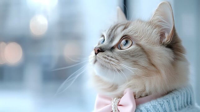 Elegant cream-colored cat wearing mint sweater and pink bow collar gazes upward against blurred winter background, showcasing soft fur and striking blue eyes.