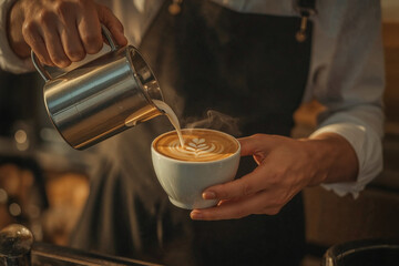 Close-up of barista in apron, pouring milk to form intricate latte art in a white cup. A moment of skillful coffee creation in a cafe.