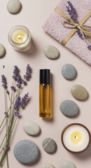 Aromatherapy Roller Bottle, Lavender, Candle, and Stones on Pink Background