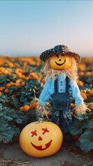 Halloween scarecrow with pumpkin head in vibrant pumpkin patch during golden hour showcasing autumn seasonal celebration perfect for holiday marketing content 