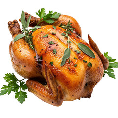 Succulent roasted chicken garnished with fresh herbs on a white background
