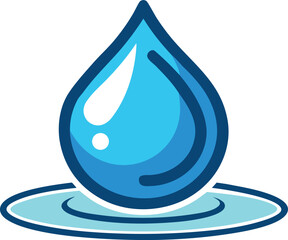 Vector art of a vibrant blue water drop with a glossy highlight rests on a rippled surface