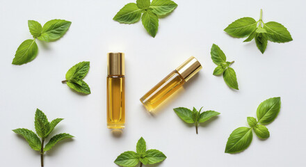 Two Golden Aromatherapy Roller Bottles Surrounded by Mint Leaves