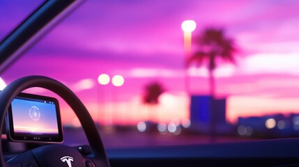 Car dashboard tablet sunset display