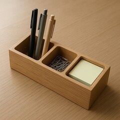 Wooden desk organizer holding pens, paperclips, and sticky notes on a wooden surface.