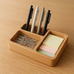Wooden desk organizer with pens, paperclips, and sticky notes on a light brown surface.