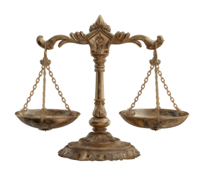 Balancing justice and equity courtroom legal symbol classic style. Isolated on transparent background, png.